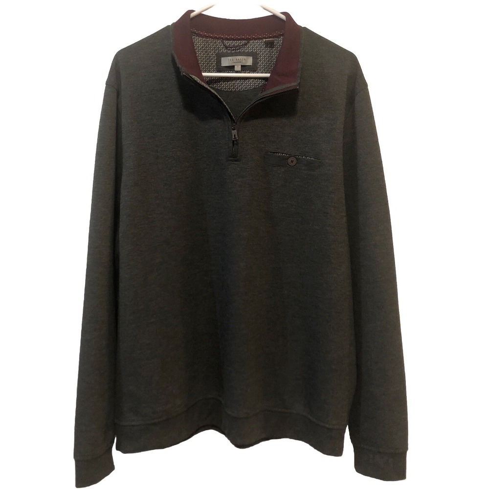 Ted Baker Sweater Mens 7/3XL Gray Pullover Mock Neck 1/4 Zip Long Sleeve Pocket